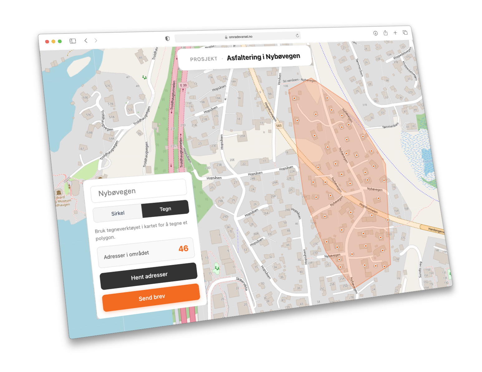 Skjermbilde av OmrådeVarsel-applikasjonen