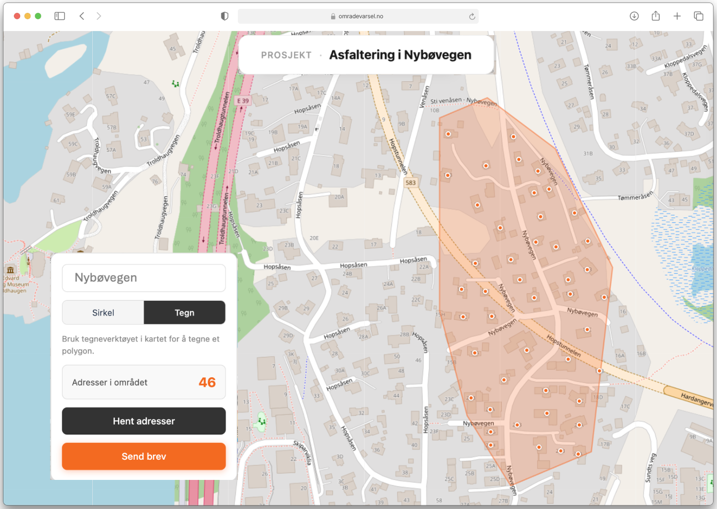 Tegn arbeidsområdet på kartet