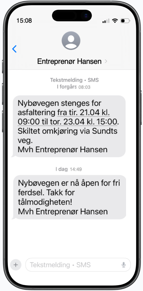 Automatiske SMS-oppdateringer til naboer